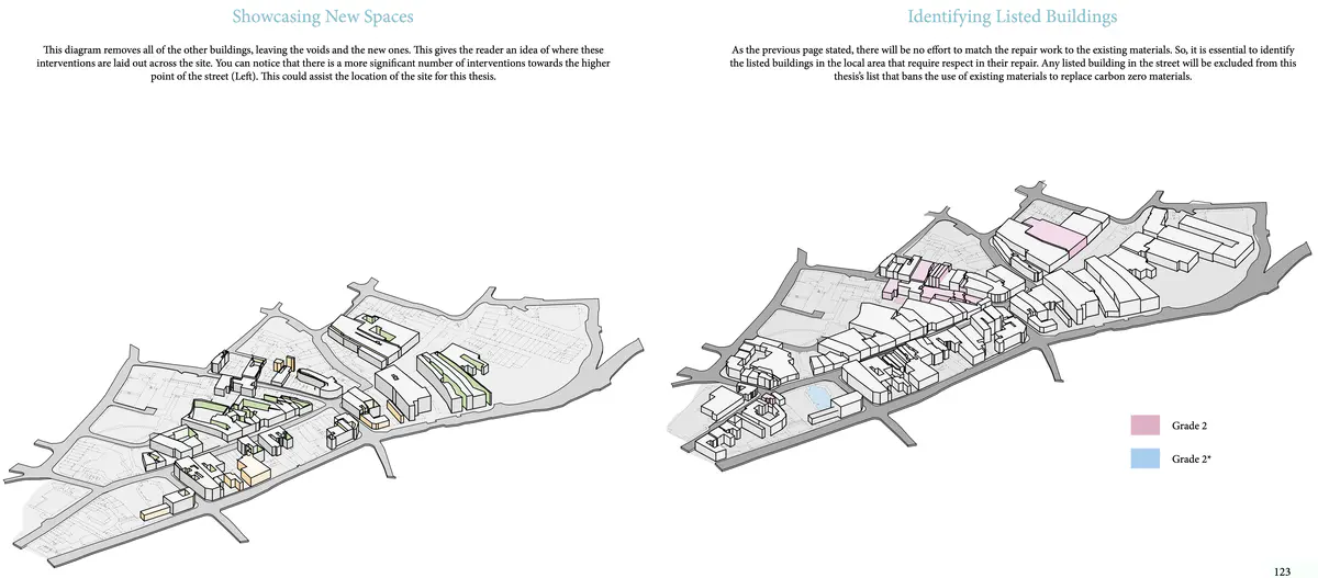 Explore The History Of Site Voids - This will provide an opportunity to reimplement these to allow vertical green corridors to occur.

Explore Vacant Buildings - To avoid damaging an already deteriorating high street, I aim only to take over vacant plots.

Investigate the opportunity for Miyawaki planting - understand the conditions required to grow a sustainable material source on-site, including ground, water, and space conditions.

It takes over a building that leads directly to an open space where a community hub is the centre of the thesis, offering education, community engagement and material celebration. - Ryan Cooksey Material Celebration Hub 7.png